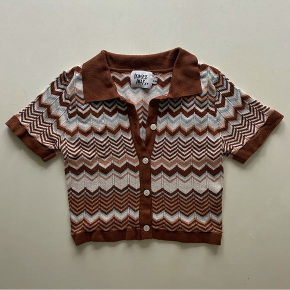 Princess Polly Tops - Princess Polly Brown Zigzag Knit Polo Top Cropped Short Sleeve Sweater Size S/M